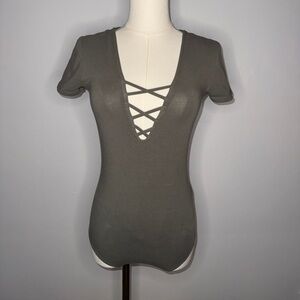 Express Deep V-Neck Crisscross Bodysuit - Olive Green